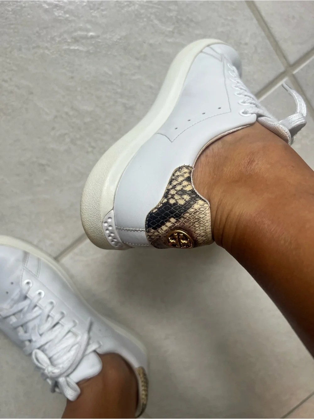 Tory Burch White Sneakers with Gold Snake-Print Accent